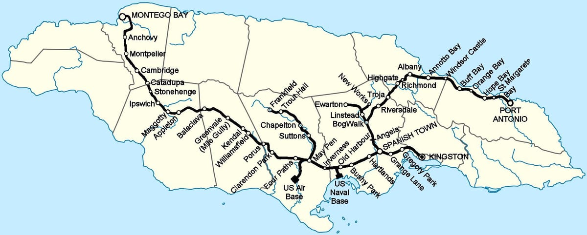 地図のジャマイカの鉄道駅